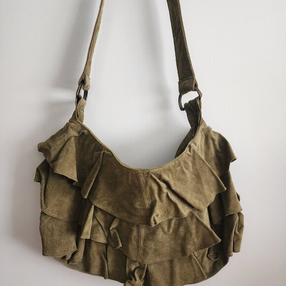 Lizden Suede Leather Ruffled Women's Hobo Crossbody Bag Purse Olive Green - Picture 2 of 9